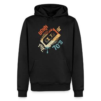 Né dans les années 70 - Sweat à capuche Premium bio Homme - noir - Devant - Nico (187cm)