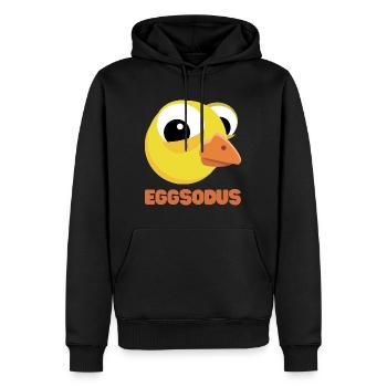 Funny chick pun EGGSODUS - Men’s Premium Organic Hoodie - black - Front - Nico (187cm)