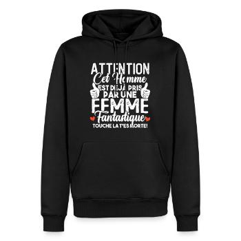 Cet homme est déjà pris par une femme fantastique - Sweat à capuche Premium bio Homme - noir - Devant - Nico (187cm)