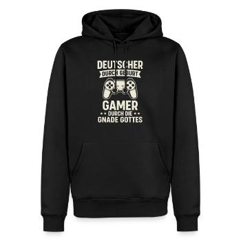 Allemand et joueur - Dicton du jeu - Sweat à capuche Premium bio Homme - noir - Devant - Nico (187cm)