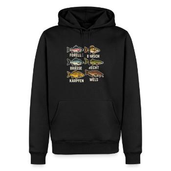 Fischarten Übersicht – Angler Design mit Forelle - Männer Premium Bio Hoodie - Schwarz - Vorne - Nico (187cm)