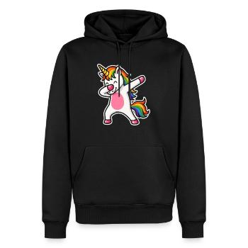 Dabbing Einhorn – Regenbogenpower & Spaß - Männer Premium Bio Hoodie - Schwarz - Vorne - Nico (187cm)