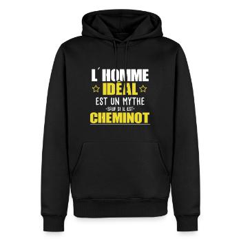 Cheminot - Train - Rail - Cadeau - Drôle - Mythe - Sweat à capuche Premium bio Homme - noir - Devant - Nico (187cm)