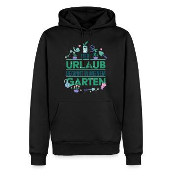 Mein Urlaub beginnt in meinem Garten - Männer Premium Bio Hoodie - Schwarz - Vorne - Nico (187cm)