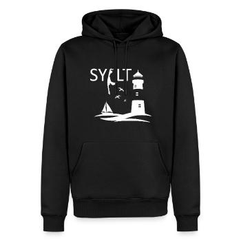A lighthouse with seagulls and island map of Sylt - Men’s Premium Organic Hoodie - black - Front - Nico (187cm)