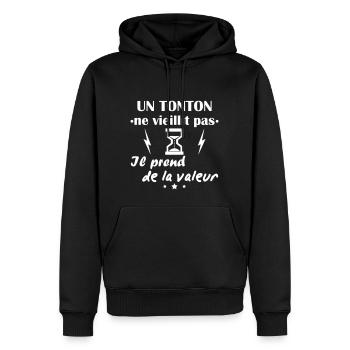 Tonton ne vieillit pas, idée cadeau anniversaire - Sweat à capuche Premium bio Homme - noir - Devant - Nico (187cm)