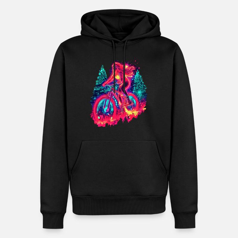 Synthwave Mountainbike Mädchen Waldfahrt - Männer Premium Bio Hoodie - Schwarz