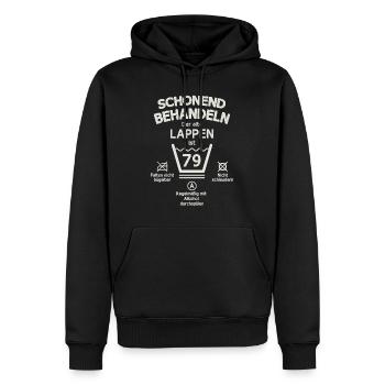 Der Alte Lappen, Schonend Behandeln 79. Geburtstag - Männer Premium Bio Hoodie - Schwarz - Vorne - Nico (187cm)