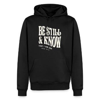 Sei still - Psalm 46:10 Christliches Zitat - Männer Premium Bio Hoodie - Schwarz - Vorne - Nico (187cm)