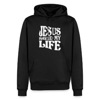Jésus m’a sauvé la vie Citation chrétienne - Sweat à capuche Premium bio Homme - noir - Devant - Nico (187cm)