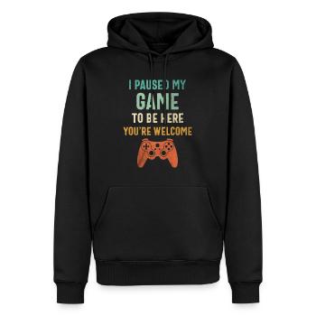 Ich habe mein Spiel pausiert, um hier zu sein - Funny Gamer - Männer Premium Bio Hoodie - Schwarz - Vorne - Nico (187cm)