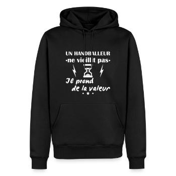 Handballeur ne vieillit pas, cadeau anniversaire - Sweat à capuche Premium bio Homme - noir - Devant - Nico (187cm)