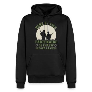 Père et fils - Partenaire de chasse - Cadeau - Sweat à capuche Premium bio Homme - noir - Devant - Nico (187cm)