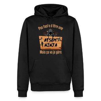 Pas facile d'être une atsem ninja | cadeau ninja - Sweat à capuche Premium bio Homme - noir - Devant - Nico (187cm)