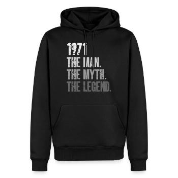Né en 1971 Mythos Légende - Sweat à capuche Premium bio Homme - noir - Devant - Nico (187cm)