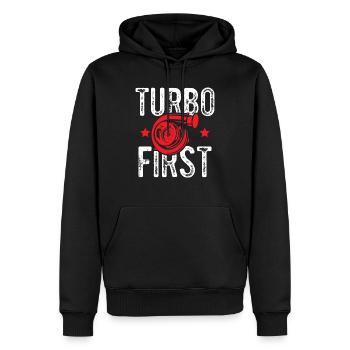 turbo tuning - Felpa con cappuccio ecologica premium da uomo - nero - Fronte - Nico (187cm)