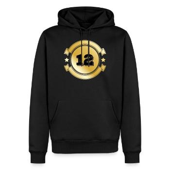 12 Emblème d’or - Sweat à capuche Premium bio Homme - noir - Devant - Nico (187cm)