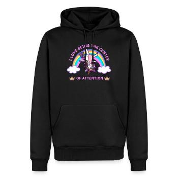Unicorn Ich liebe es, im Mittelpunkt der Aufmerksamkeit zu stehen - Männer Premium Bio Hoodie - Schwarz - Vorne - Nico (187cm)