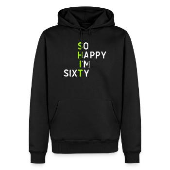 Tellement heureuse d’avoir soixante ans - Sweat à capuche Premium bio Homme - noir - Devant - Nico (187cm)
