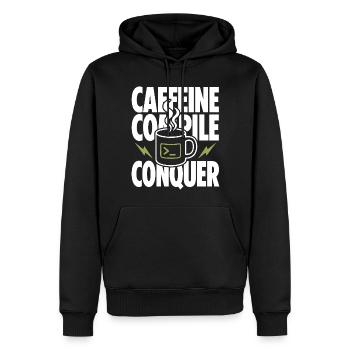 Caffeine Compile Conquer – Entwickler Kaffee Humor - Männer Premium Bio Hoodie - Schwarz - Vorne - Nico (187cm)