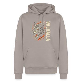 Valhalla Wolf – Nordischer Kriegergeist - Männer Premium Bio Hoodie - Taupe - Vorne - Nico (187cm)