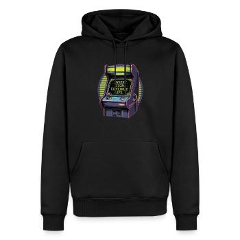 Insert Coin – Continue Life | Retro Gamer Design - Männer Premium Bio Hoodie - Schwarz - Vorne - Nico (187cm)