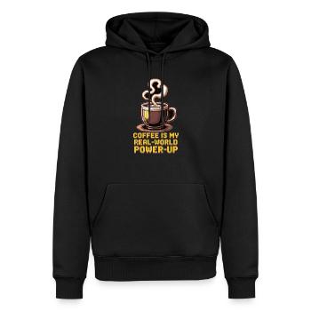 Coffee is my Real-World Power-Up– Gamer & Kaffee - Männer Premium Bio Hoodie - Schwarz - Vorne - Nico (187cm)