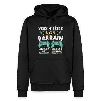 Veux-tu être mon parrain, Demande parrain gamer - Sweat à capuche Premium bio Homme - noir - Devant - Nico (187cm)