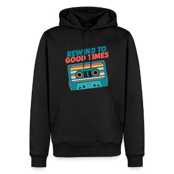 Cassette rétro - Rewind to Good Times - Sweat à capuche Premium bio Homme - noir - Devant - Nico (187cm)