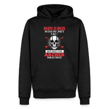 Bogenschütze lächelt Bogenschießen Spruch - Männer Premium Bio Hoodie - Schwarz - Vorne - Nico (187cm)