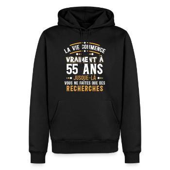 Anniversaire 55 ans, idée cadeau date de naissance - Sweat à capuche Premium bio Homme - noir - Devant - Nico (187cm)