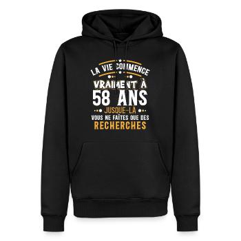 Anniversaire 58 ans, idée cadeau date de naissance - Sweat à capuche Premium bio Homme - noir - Devant - Nico (187cm)