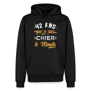 Anniversaire 42 ans, idée cadeau date de naissance - Sweat à capuche Premium bio Homme - noir - Devant - Nico (187cm)
