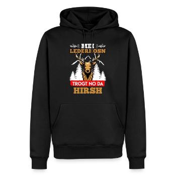 Mei Lederhosn trogt no da Hirsch Bayern - Männer Premium Bio Hoodie - Schwarz - Vorne - Nico (187cm)