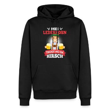 Mei Lederhosn trogt no da Hirsch Bayern Trachten - Männer Premium Bio Hoodie - Schwarz - Vorne - Nico (187cm)