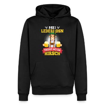 Mei Lederhosn trogt no da Hirsch Bayern Trachten - Männer Premium Bio Hoodie - Schwarz - Vorne - Nico (187cm)