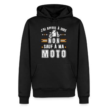 Motard idée cadeau Passion moto humour citations - Sweat à capuche Premium bio Homme - noir - Devant - Nico (187cm)