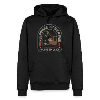 Faultier-Shirt, lustig, etwas ist verrückt hier, - Men’s Premium Organic Hoodie - black - Front - Nico (187cm)