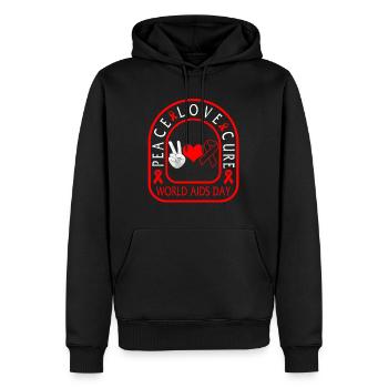HIV AIDS Awareness Month Shirt, Peace Love Cure - Men’s Premium Organic Hoodie - black - Front - Nico (187cm)