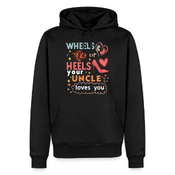 Roues ou talons que votre oncle vous aime - Sweat à capuche Premium bio Homme - noir - Devant - Nico (187cm)
