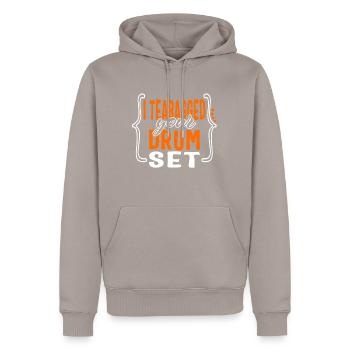 Drummer Shirt, I Teabagged Your Drum Set Funny - Men’s Premium Organic Hoodie - taupe - Front - Nico (187cm)