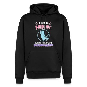Was sind deine Superkräfte? Ich bin Hebamme - Männer Premium Bio Hoodie - Schwarz - Vorne - Nico (187cm)
