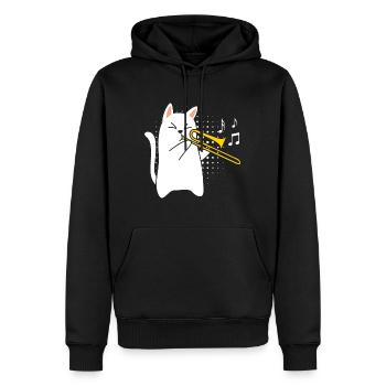 Musicien avec chat joue du trombone - Sweat à capuche Premium bio Homme - noir - Devant - Nico (187cm)