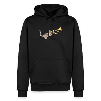 Musicien avec chat avec trombone - Sweat à capuche Premium bio Homme - noir - Devant - Nico (187cm)