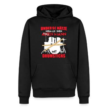 Unterschätze keinen Mann mit Drumsticks Schlagzeug - Männer Premium Bio Hoodie - Schwarz - Vorne - Nico (187cm)