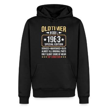 Modèle de voiture classique 1963 60 ans 60e anniversaire - Sweat à capuche Premium bio Homme - noir - Devant - Nico (187cm)