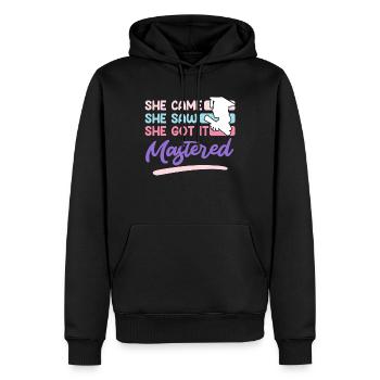 She came she saw her mastered master's degree - Men’s Premium Organic Hoodie - black - Front - Nico (187cm)