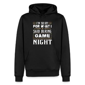 Es tut mir leid, was ich während des Spieleabends gesagt habe - Eber - Männer Premium Bio Hoodie - Schwarz - Vorne - Nico (187cm)