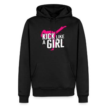 Karate Shirt, Kick Like A Girl Kickboxing Tee, - Men’s Premium Organic Hoodie - black - Front - Nico (187cm)