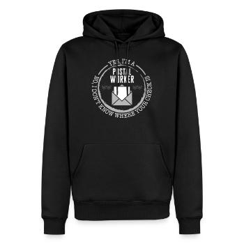 Postbotenhemd, nein, ich weiß nicht, wo dein Scheck - Männer Premium Bio Hoodie - Schwarz - Vorne - Nico (187cm)